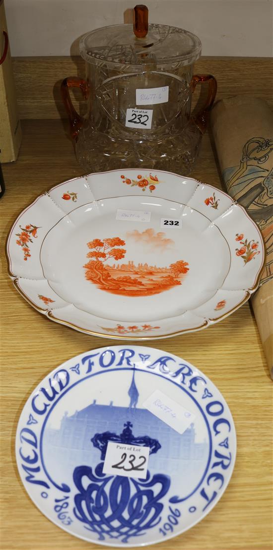 A Nymphenburg dish, 13in. a B & G 1906 plate and a cut glass punch bowl and cover